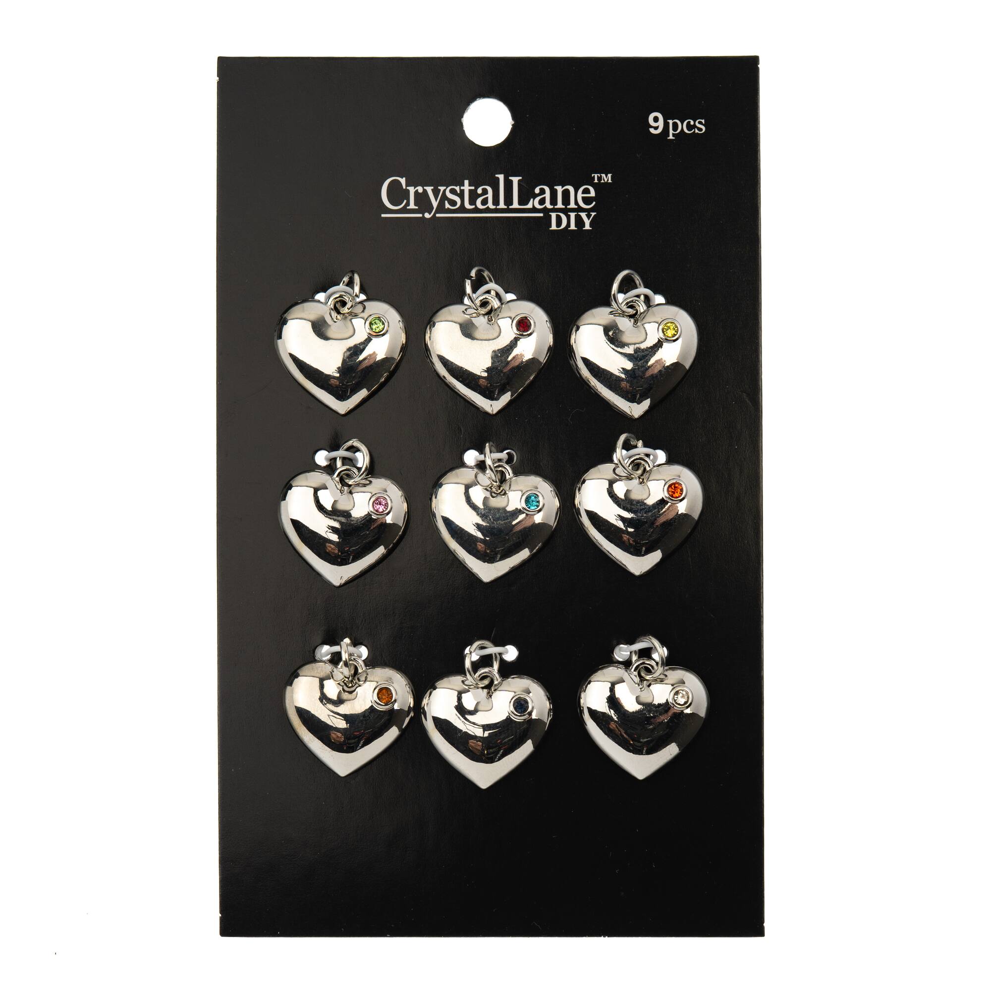 Crystal Lane DIY Silver Rhinestone Heart Charms, 9ct.
